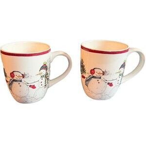 Williams Sonoma Snowman Winter Coffee Mugs 14oz RARE  2004 Set Of 2